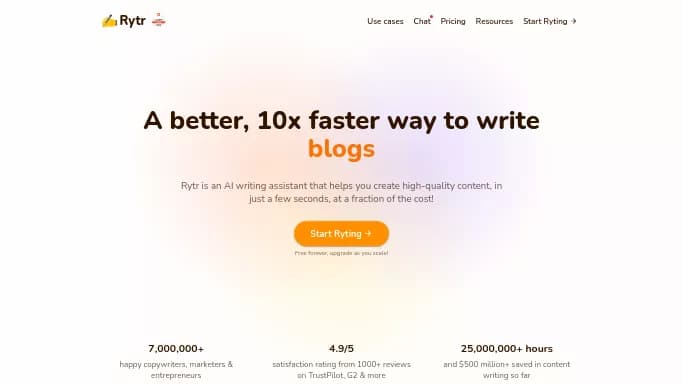 Rytr — бесплатная нейросеть   для написания текста,  для копирайтинга. Бесплатная версия с ограниченным функционалом, есть платные тарифы.