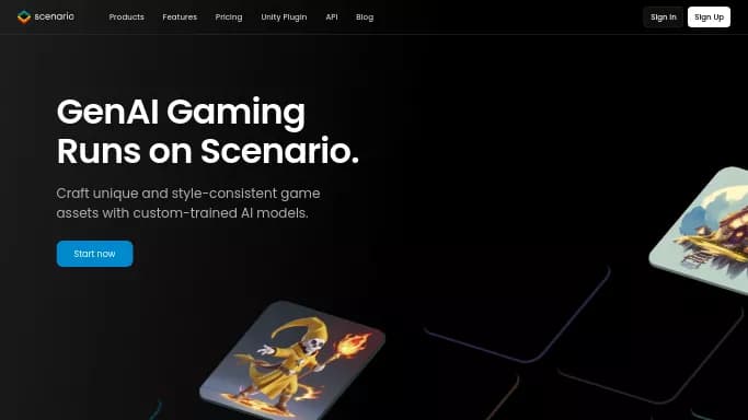 Scenario — бесплатная нейросеть   в играх. Бесплатная версия с ограниченным функционалом, есть платные тарифы.