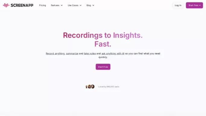 Screenapp — бесплатная нейросеть   для повышения продуктивности, для помощи в автоматизации. Бесплатная версия с ограниченным функционалом, есть платные тарифы.