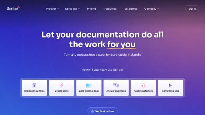 Scribe — бесплатная нейросеть  для помощи в автоматизации,  помогающие в управлении персоналом,  для помощи в образовании. Бесплатная версия с ограниченным функционалом, есть платные тарифы.