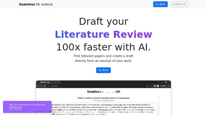 Seamless — бесплатная нейросеть   для научно-исследовательской деятельности. Бесплатная версия с ограниченным функционалом, есть платные тарифы.