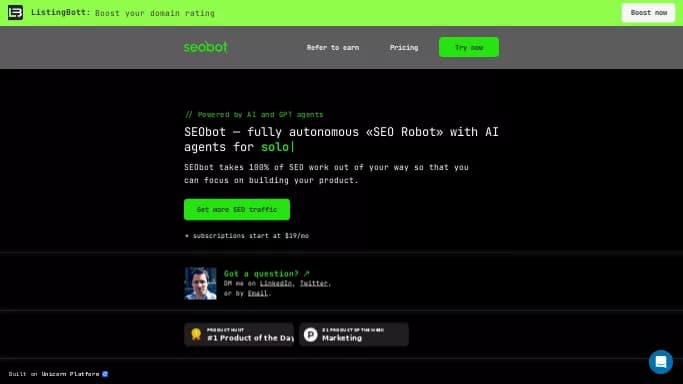 SEOBot — бесплатная нейросеть   для копирайтинга. Бесплатная версия с ограниченным функционалом, есть платные тарифы.