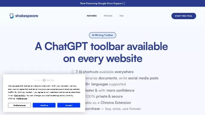 Shakespeare AI Toolbar — бесплатная нейросеть   для написания текста. Бесплатная версия с ограниченным функционалом, есть платные тарифы.