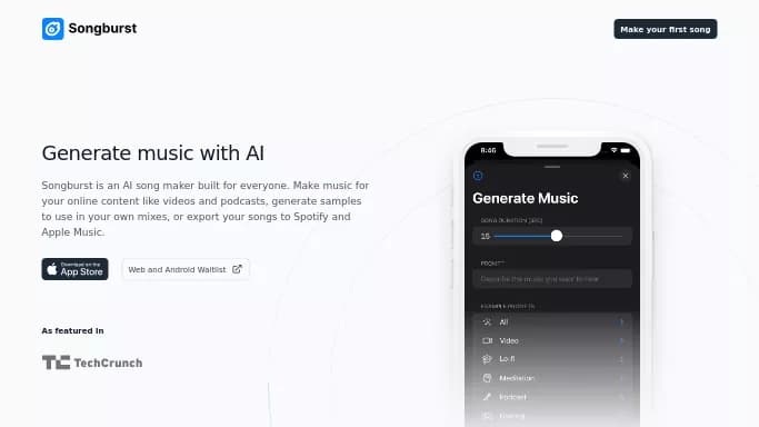 Songburst — бесплатная нейросеть   для создания музыки. Бесплатная версия с ограниченным функционалом, есть платные тарифы.