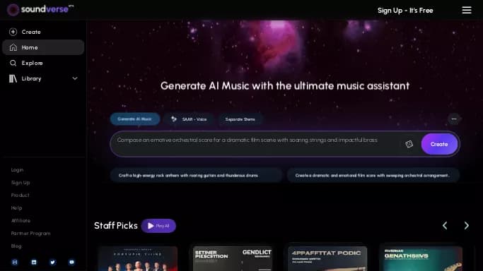 Soundverse AI — бесплатная нейросеть   для создания музыки. Бесплатная версия с ограниченным функционалом, есть платные тарифы.