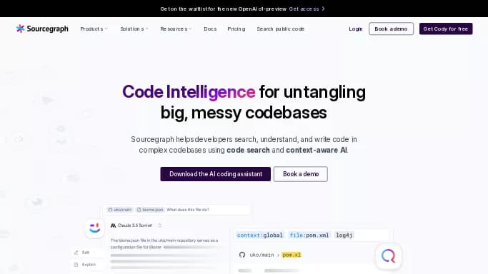 Sourcegraph — бесплатная нейросеть   для разработки программного обеспечения. Бесплатная версия с ограниченным функционалом, есть платные тарифы.