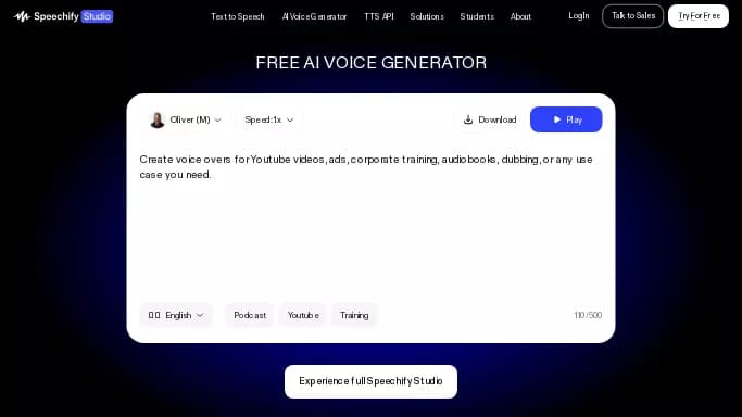 Speechify Studio - AI Voice Generator — бесплатная нейросеть   для создания голоса. Бесплатная версия с ограниченным функционалом, есть платные тарифы.