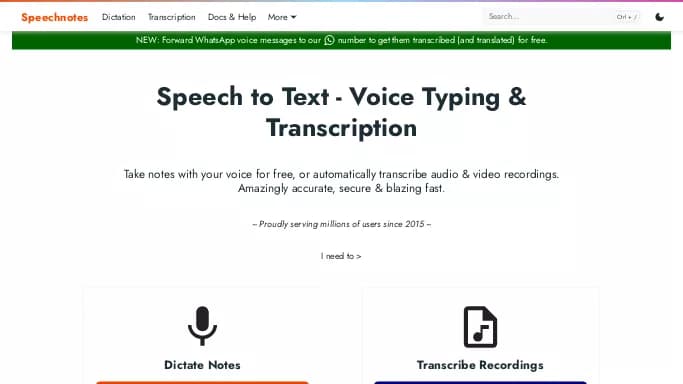 Speechnotes — бесплатная нейросеть   для транскрибации аудио и видео,  для повышения продуктивности,  для помощи в образовании. Бесплатная версия с ограниченным функционалом, есть платные тарифы.