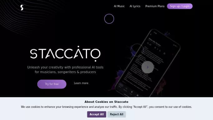 Staccato — бесплатная нейросеть   для создания музыки,  для помощи в образовании,  для редактирования аудио. Бесплатная версия с ограниченным функционалом, есть платные тарифы.