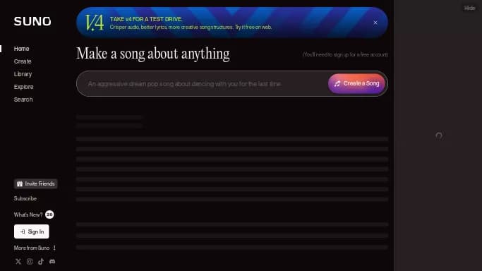 Suno AI V4 — бесплатная нейросеть   для создания музыки. Бесплатная версия с ограниченным функционалом, есть платные тарифы.