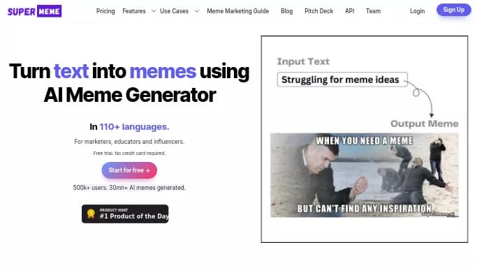 SuperMeme — бесплатная нейросеть   для развлечений,  для SMM. Бесплатная версия с ограниченным функционалом, есть платные тарифы.