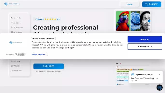 Synthesys Studio — платная нейросеть   для создания видео,  для создания голоса. Бесплатная версия с ограниченным функционалом, есть платные тарифы.