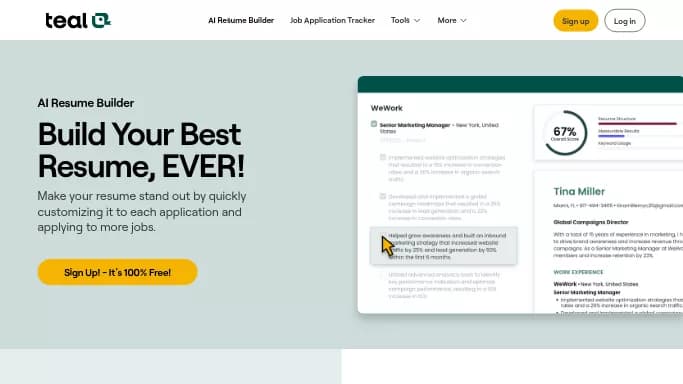 Teal Resume Builder — бесплатная нейросеть   помогающие в управлении персоналом. Бесплатная версия с ограниченным функционалом, есть платные тарифы.
