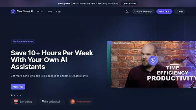 TeamSmart AI — платная нейросеть  , расширения ChatGPT,  для повышения продуктивности,  для суммаризации текста,  для помощи в образовании. Бесплатная версия с ограниченным функционалом, есть платные тарифы.