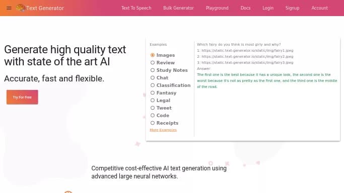 Text Generator — бесплатная нейросеть   для написания текста,  для копирайтинга. Бесплатная версия с ограниченным функционалом, есть платные тарифы.