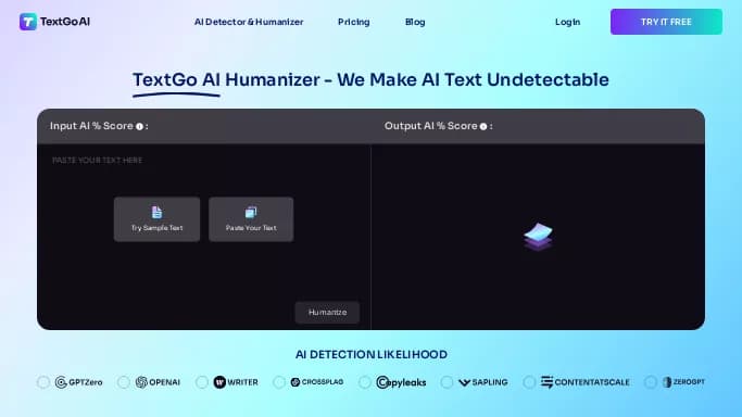 TextGo AI — бесплатная нейросеть   для определения ИИ,  для копирайтинга. Бесплатная версия с ограниченным функционалом, есть платные тарифы.