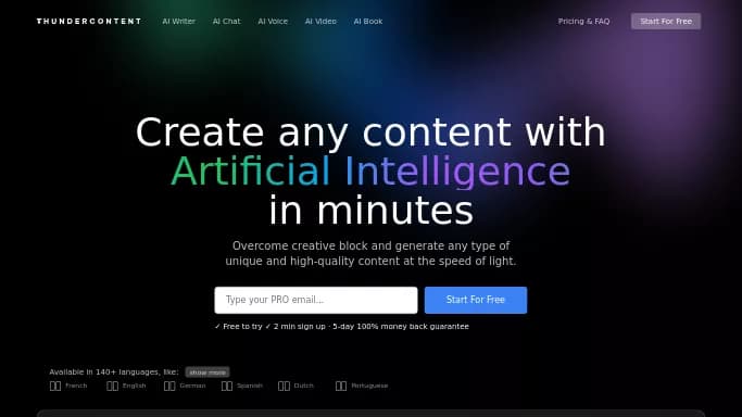 ThunderContent — платная нейросеть   для написания текста,  для копирайтинга. Бесплатная версия с ограниченным функционалом, есть платные тарифы.