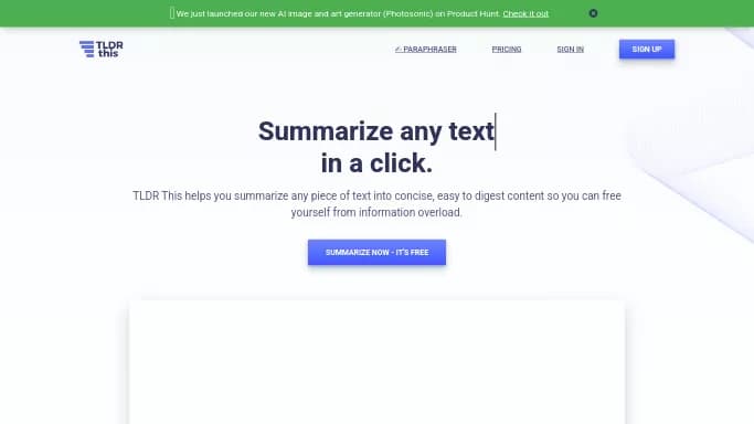 TLDR this — бесплатная нейросеть   для суммаризации текста,  для повышения продуктивности,  для помощи в образовании. Бесплатная версия с ограниченным функционалом, есть платные тарифы.