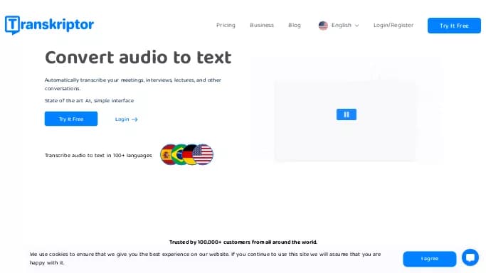 Transkriptor — платная нейросеть   для транскрибации аудио и видео,  для повышения продуктивности,  для помощи в образовании. Бесплатная версия с ограниченным функционалом, есть платные тарифы.