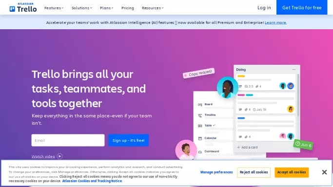 Trello — бесплатная нейросеть   для маркетинга,  для повышения продуктивности, для помощи в автоматизации. Бесплатная версия с ограниченным функционалом, есть платные тарифы.