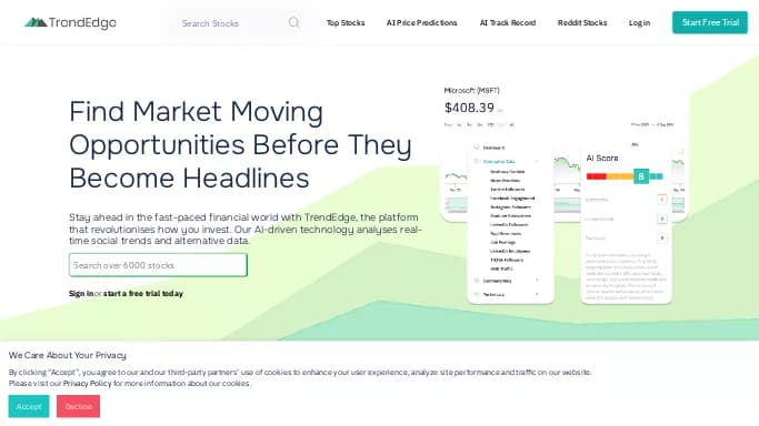 TrendEdge — бесплатная нейросеть   для маркетинга,  для анализа данных,  для работы с финансами. Бесплатная версия с ограниченным функционалом, есть платные тарифы.