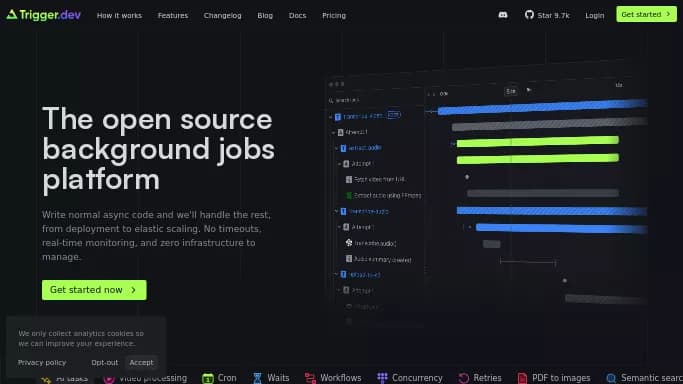 Trigger.dev — бесплатная нейросеть  для помощи в автоматизации,  для разработки программного обеспечения,  для маркетинга. Бесплатная версия с ограниченным функционалом, есть платные тарифы.
