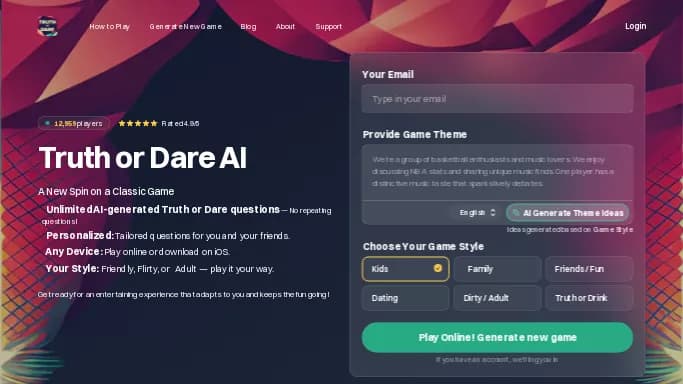 Truth or Dare AI — бесплатная нейросеть   для развлечений,  в играх. Бесплатная версия с ограниченным функционалом, есть платные тарифы.
