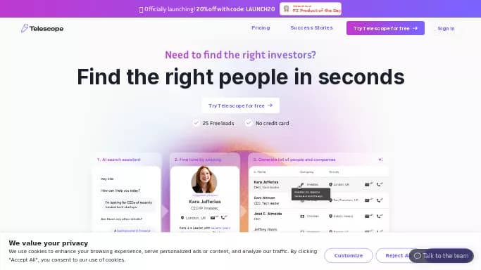 Telescope AI — бесплатная нейросеть   для маркетинга. Бесплатная версия с ограниченным функционалом, есть платные тарифы.
