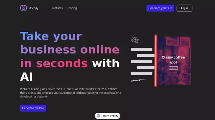 Uncody — платная нейросеть   для no Code/Low Code разработки. Бесплатная версия с ограниченным функционалом, есть платные тарифы.
