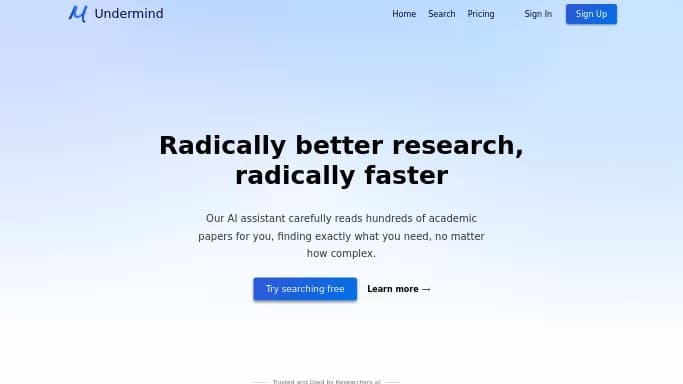 Undermind AI — бесплатная нейросеть   для помощи в образовании,  для научно-исследовательской деятельности. Бесплатная версия с ограниченным функционалом, есть платные тарифы.