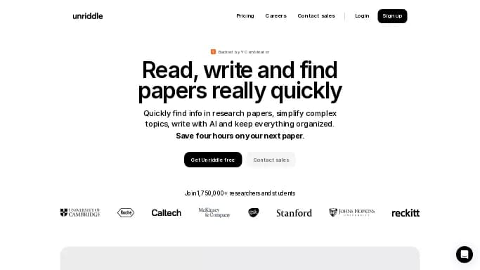 Unriddle — бесплатная нейросеть   для научно-исследовательской деятельности,  для суммаризации текста,  для повышения продуктивности,  для помощи в образовании. Бесплатная версия с ограниченным функционалом, есть платные тарифы.