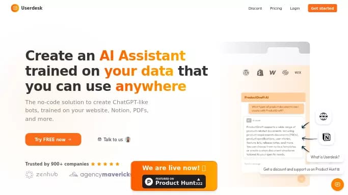 Userdesk — бесплатная нейросеть   — чат-бот,  для маркетинга. Бесплатная версия с ограниченным функционалом, есть платные тарифы.