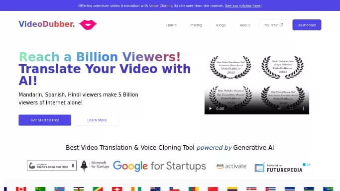 VideoDubber — бесплатная нейросеть   для транскрибации аудио и видео,  для повышения продуктивности,  для помощи в образовании,  для перевода,  для редактирования видео. 