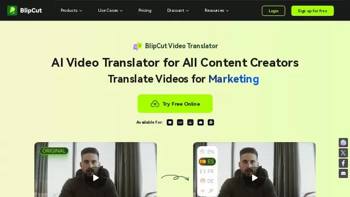 BlipCut AI Video Translator — бесплатная нейросеть   для перевода,  для редактирования видео. Бесплатная версия с ограниченным функционалом, есть платные тарифы.