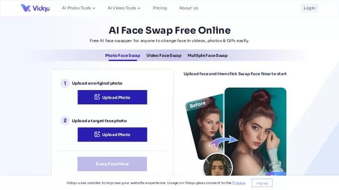 AI Face Swap By Vidqu — бесплатная нейросеть   для развлечений,  для дипфейк(deepfake). 