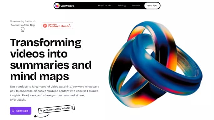 Voxweave — платная нейросеть   для транскрибации аудио и видео,  для повышения продуктивности,  для помощи в образовании. Бесплатная версия с ограниченным функционалом, есть платные тарифы.