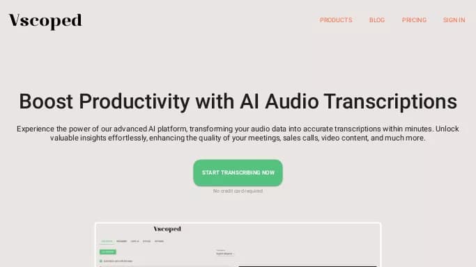 Vscoped — бесплатная нейросеть   для транскрибации аудио и видео,  для повышения продуктивности,  для помощи в образовании. 