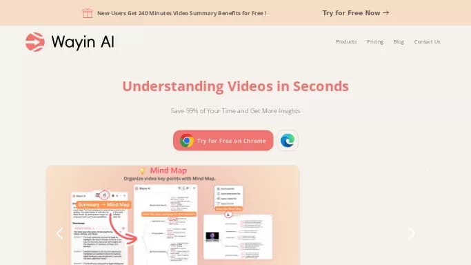 Wayin AI — бесплатная нейросеть   для суммаризации текста,  для повышения продуктивности,  для помощи в образовании,  для транскрибации аудио и видео. Бесплатная версия с ограниченным функционалом, есть платные тарифы.