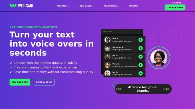 Wellsaidlabs — бесплатная нейросеть   для создания голоса. Бесплатная версия с ограниченным функционалом, есть платные тарифы.