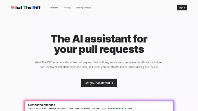 WhatTheDiff — бесплатная нейросеть   для разработки программного обеспечения. Бесплатная версия с ограниченным функционалом, есть платные тарифы.