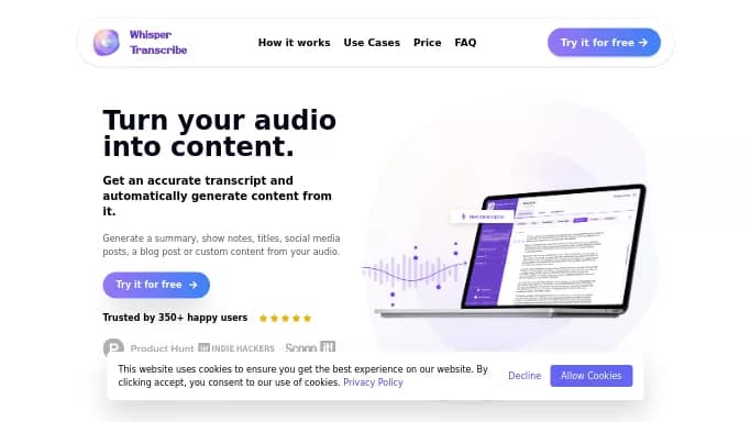 WhisperTranscribe — бесплатная нейросеть   для транскрибации аудио и видео,  для повышения продуктивности,  для помощи в образовании. Бесплатная версия с ограниченным функционалом, есть платные тарифы.