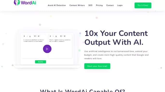 WordAI — бесплатная нейросеть   для копирайтинга. Бесплатная версия с ограниченным функционалом, есть платные тарифы.