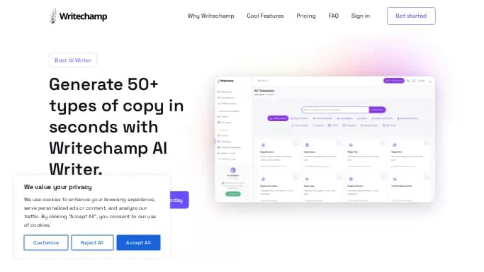 Writechamp — бесплатная нейросеть   для копирайтинга. Бесплатная версия с ограниченным функционалом, есть платные тарифы.