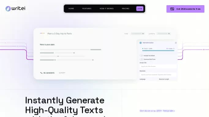Writei — платная нейросеть   для написания текста. Бесплатная версия с ограниченным функционалом, есть платные тарифы.