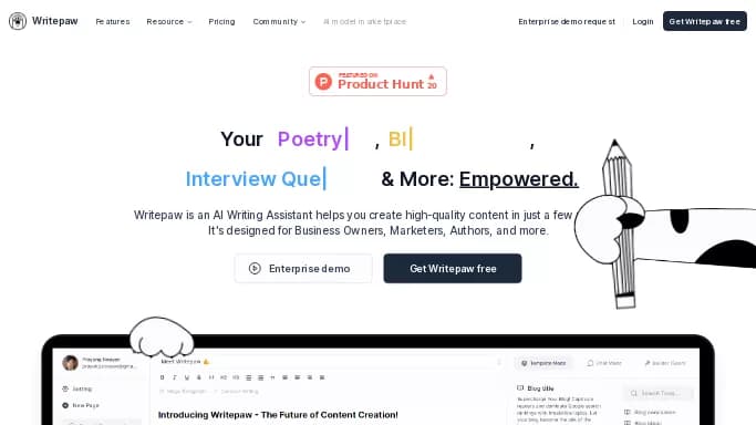 Writepaw — бесплатная нейросеть   для написания текста. Бесплатная версия с ограниченным функционалом, есть платные тарифы.
