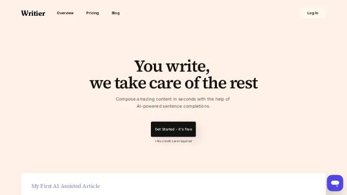 Writier — бесплатная нейросеть   для копирайтинга. Бесплатная версия с ограниченным функционалом, есть платные тарифы.