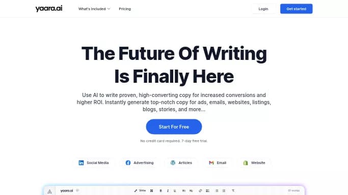 Yaara AI — бесплатная нейросеть   для написания текста,  для копирайтинга. Бесплатная версия с ограниченным функционалом, есть платные тарифы.