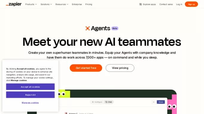 Zapier Agents — бесплатная нейросеть  , автономные ИИ (AGI). Бесплатная версия с ограниченным функционалом, есть платные тарифы.