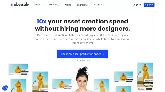 Abyssale — платная нейросеть для маркетинга. Бесплатная версия с ограниченным функционалом, есть платные тарифы.