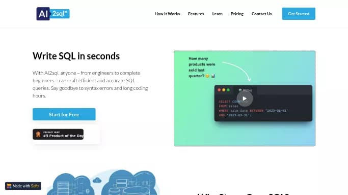 Ai2sql — бесплатная нейросеть для разработки программного обеспечения. Бесплатная версия с ограниченным функционалом, есть платные тарифы.